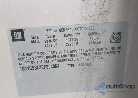 2014 Chevrolet Malibu 1Lt from USA, damaged, VIN 1G11C5SL3EF304064